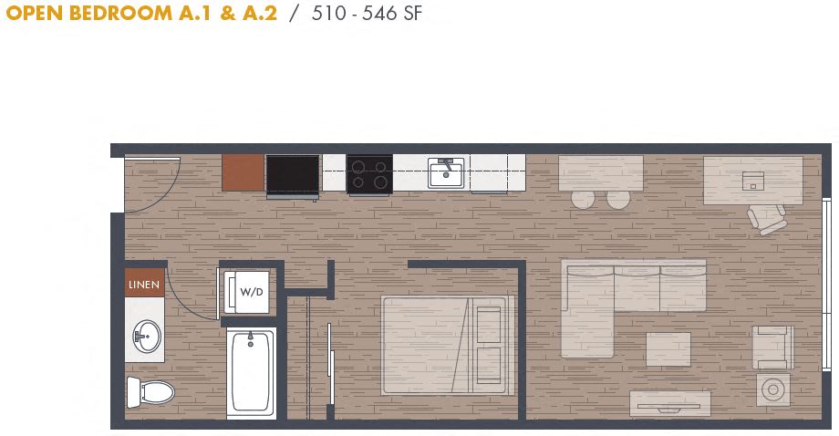 Floor plan for 1 bed, 1 bath, 510 sqft